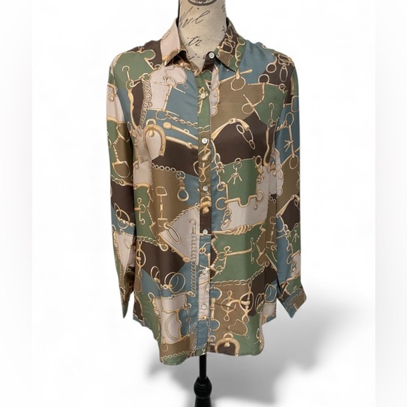 J. McLaughlin Tops - J.McLaughlin Silk Blend Equestrian Print Button Down Blouse – Size M (NWOT)
